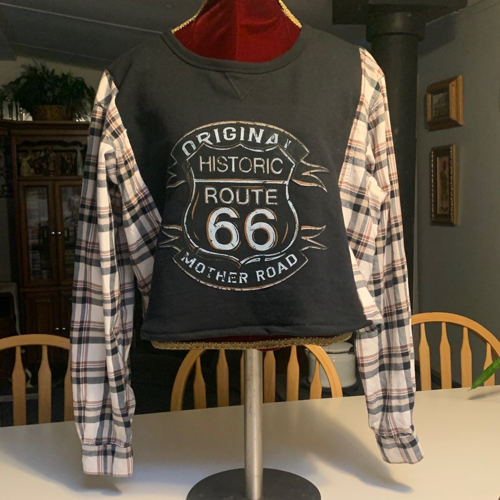 Upcycled Black Route 66 Crop style Sweatshirt Top.